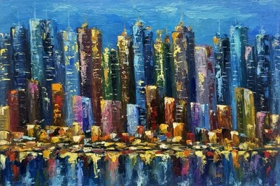 New York Original Art Night Cityscape Painting Skyline Art New York Painting - Image 1 of 4