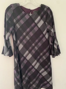 JH Women’s Shift Dress, Hippie Purple Black Plaid Lined Bell Slvs Soft Comfort S - Picture 1 of 14