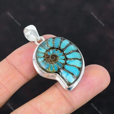 Colgante de plata de ley 925 turquesa azul en piedras preciosas fósiles de amonita Foto 1 de 4