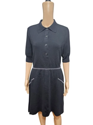 Shoshanna Black Knit Collared Dress Short Sleeve Button Front Fit Flare Retro L - Image 1 of 4