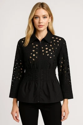 Samuel Dong Raro Negro Recorte Floral Ojales Blusa Chaqueta Para Mujer Talla M – Como Foto 1 de 4