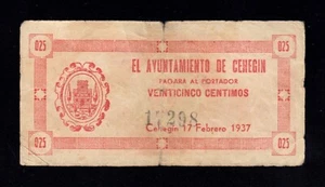 F.C. CEHEGIN (MURCIA) , 25 CENTIMS , B/C , ROTO , PEGADO CON CELO . - Imagen 1 de 2