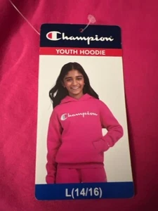 Champion Script Logo Youth Pink (Magenta) Powerblend Pullover Hoodie Size L 14-1 - Picture 1 of 7