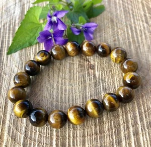 Tiger Eye Natural Stone Polished Round Beads Elastic Bracelet - Picture 1 of 3
