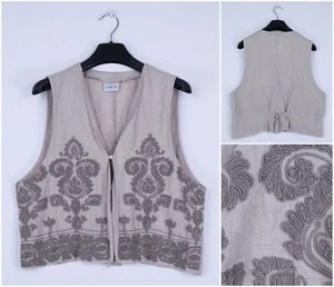 Womens Waistcoat Large Size US 10 EU 40 Vintage Beige Floral Linen Country Vest - Picture 1 of 9