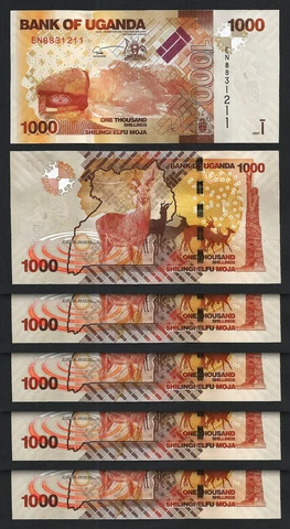 Uganda 1000 Shillings 2021 2022, UNC, 5 Pcs Lot Consecutive, P-49 New Sign Date Cover