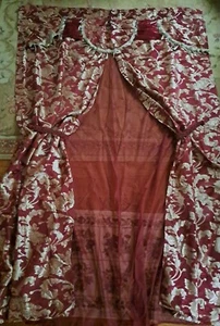 Jacquard Burgundy & Gold 84" Window Panel Curtain Attached Valance Sheer Backing - Picture 1 of 11