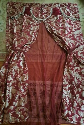 Jacquard Burgundy & Gold 84" Window Panel Curtain Attached Valance Sheer Backing - Image 1 of 4