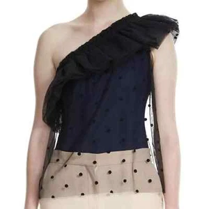 Maje Lowers One-Shoulder Overlay Bodysuit Size S Tulle Ruffle - Picture 1 of 7