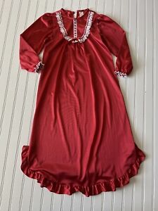 Laura Dare Red Christmas Night Gown Girls 10 Nylon Lace Long Holiday Vintage USA