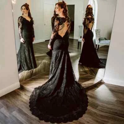 Unique Black Lace Mermaid Wedding Dresses Women Brides Court Train Backless - Image 1 of 4