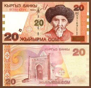 10 notes Kyrgyzstan P19, 20 Som, Poet Togolok Moldo / Manas Mausoleum UNC see UV - Picture 1 of 3