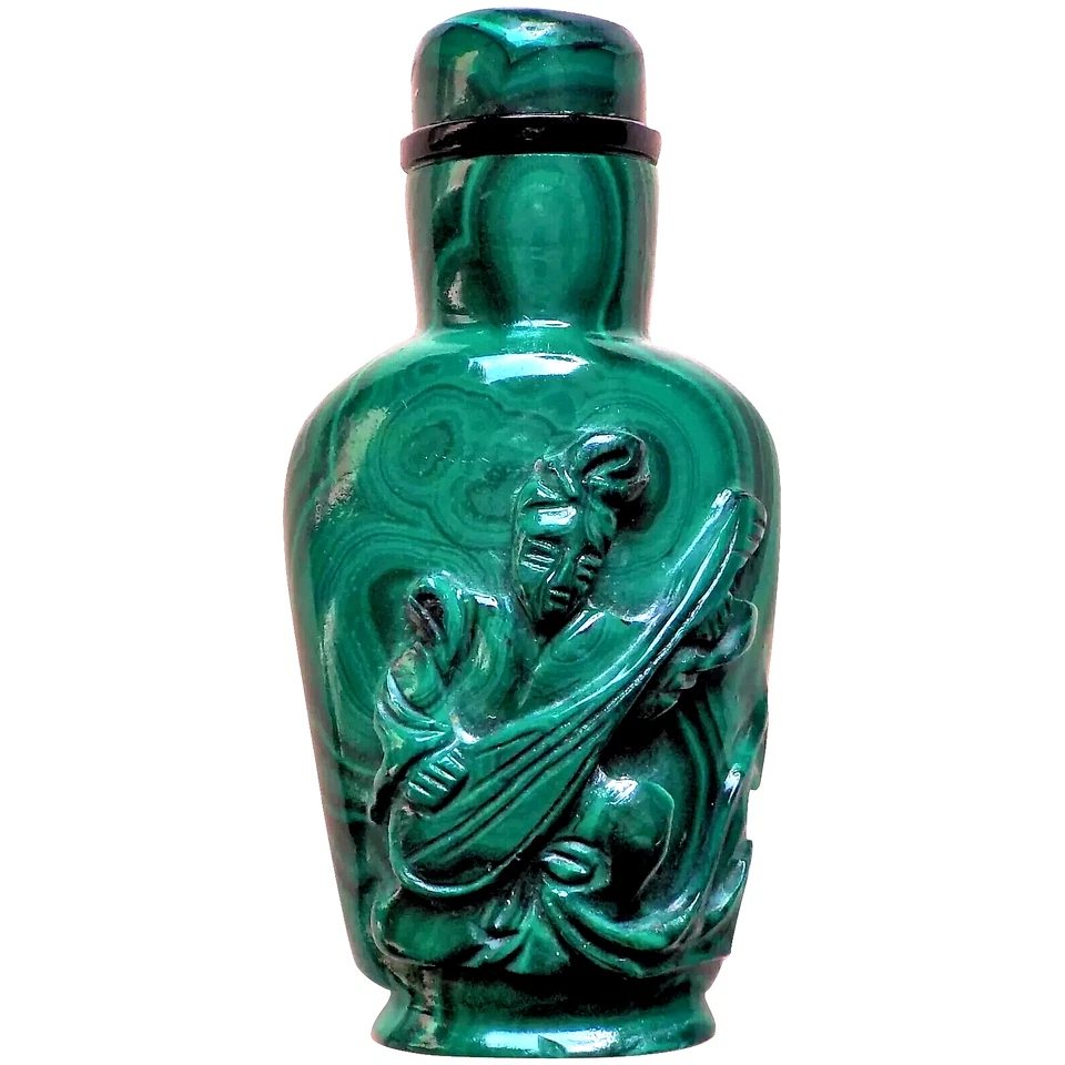 Botella de tabaco de músico de malaquita tallada a mano china vintage de 1900 con tapa Foto 1 de 4