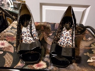 JESSICA SIMPSON SALTOS PEEP TOES DE COURO ENVERNIZADO PRETO - 9,5 M - DESLUMBRANTE!!! - Imagem 1 de 4