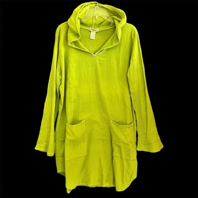 Fresh Produce Lagenlook 束腰外衣连衣裙 XL 莱姆绿连帽上衣 带口袋 美国制造 — 第 1/4 张图片