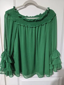 CeCe Damen-Boho-Bluse Größe Large leuchtend grün mit Rüschenflatter 3/4-Ärmeln  - Bild 1 von 9