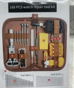 168 pz Kit Riparazione Orologio Kit Regolazione Cinturino Strumenti Custodia Marrone Senza Marca H4 - Foto 1 di 2