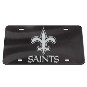 NEW ORLEANS SAINTS BLACK AND SILVER CRYSTAL MIRRORED CAR LICENSE PLATE