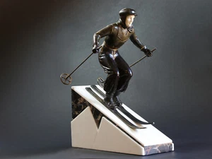 THE SKIER OF ST MORITZ 1929 RARE LARGE SIZE BRONZE WITH MARBLE BASE ART DECO  - Picture 1 of 5