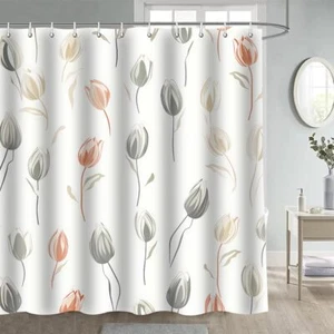 Beige Tulip Shower Curtain Pastoral Plant Flower Polyester Fabric Home Bathro... - Picture 1 of 7