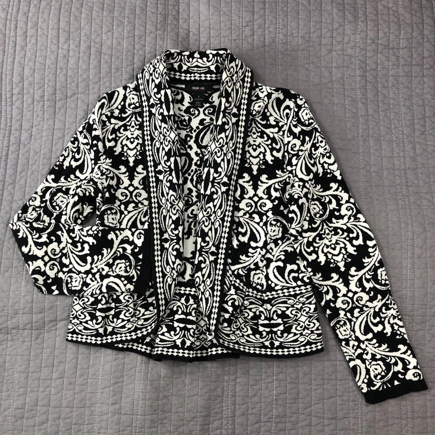 Suéter Style Co Mujer Pequeño Negro Blanco Floral Peplum Cárdigan Abierto Algodón Foto 1 de 4
