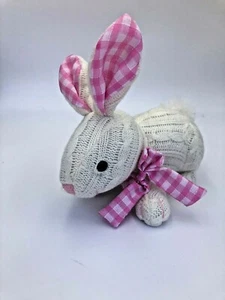 Easter Bunny Rabbit Plush Small White Cable Knit Pink Gingham fabric Ears Bow - Picture 1 of 12