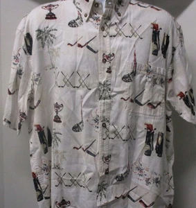 Clearwater Outfitters Hawaiian Style Shirt, Large, S/S, White with Golf Clubs - Picture 1 of 6