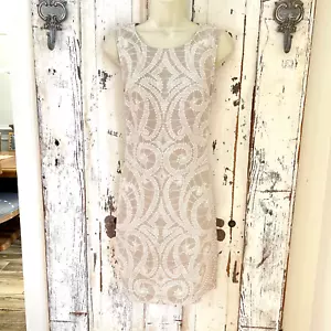 Kenar Linen Dress Size 2 Beige White Swirl Sleeveless Shift Casual Career Party - Picture 1 of 9