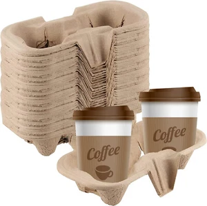 2 Cup Holder Cardboard Tray Hot Cold Drink Carrier Biodegradable Take Away Trays - Picture 1 of 12