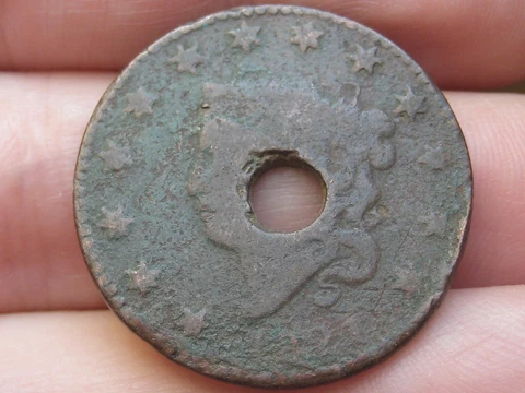 1821 Matron Head Large Cent Penny, Holed Through Center, Good Details Cover