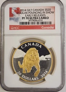2014 Gilt Canada $20 Cougar Pouncing in Snow Colorized Silver Coin NGC PF70 UC - Picture 1 of 2