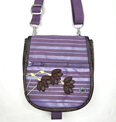Haiku Vegan Pebble Leather Crossbody Bag Small Purple Stripe w Flowers - Image 1 of 4
