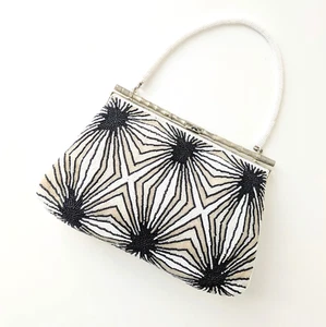 Japanese Vintage Beaded Evening Bag White,Black Geometrical pattern 8 x 5 in - Picture 1 of 19