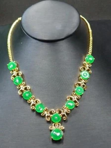 Genuine Green Jade Peace Buckle Circle Ruyi Gold Plated Flower Pendant Necklace - Picture 1 of 8