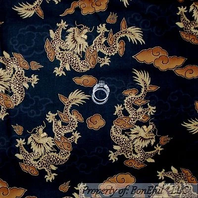 BonEful Fabric FQ Cotton Quilt VTG Black Gold Metallic DRAGON Chinese China Doll - Image 1 of 4