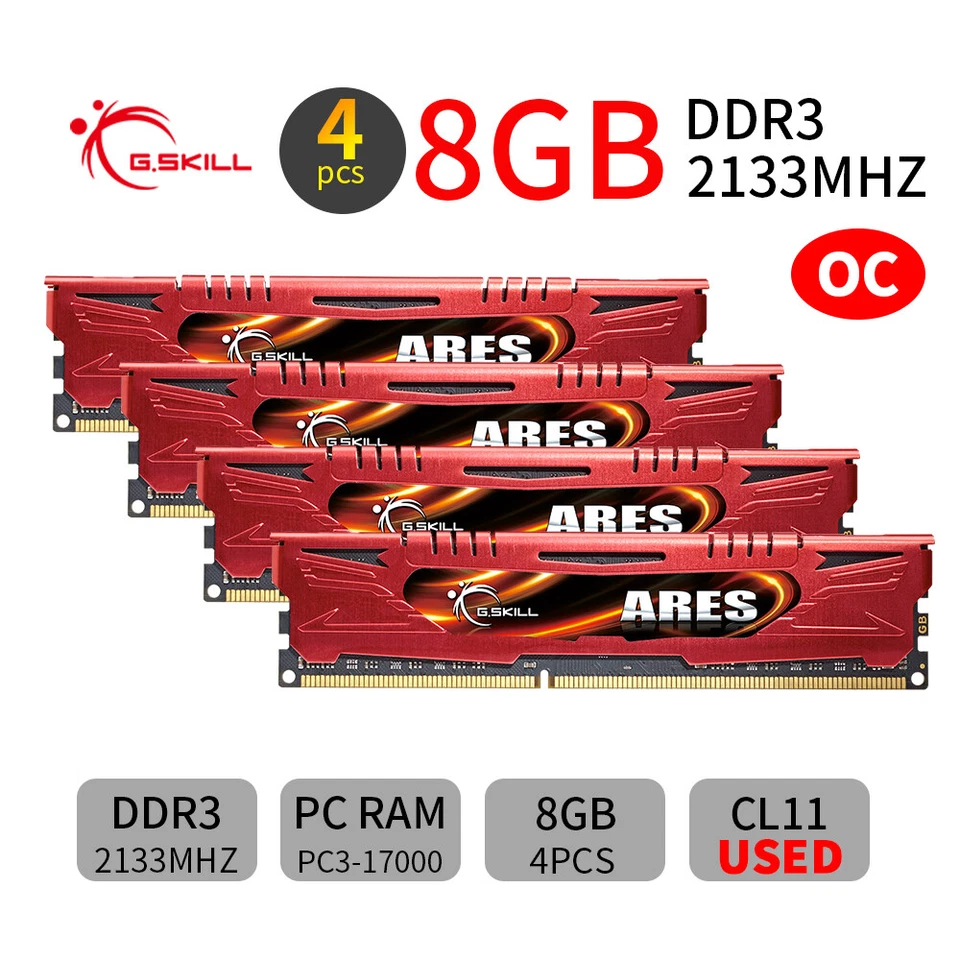 G.Skill Ares 32GB 4x 8GB DDR3 OC 2133MHz PC3-17000U Desktop Gaming Memory Red AB - Image 1 of 4