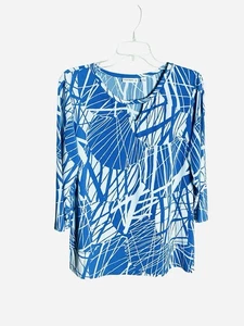 Susan Graver Top Size Large Blue White Liquid Knit Print Keyhole 3/4 Sleeve - Picture 1 of 7