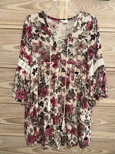Entro Bauern Boho Kleid rosa Blumen Babydoll Tunika Spitze Quaste Größe L - Bild 1 von 4