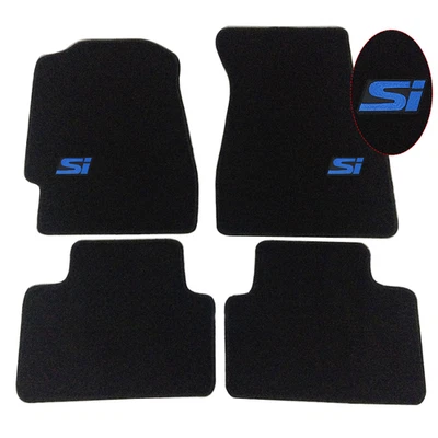 Fits 92-95 Honda Civic Sedan Coupe Black Nylon Floor Mat Carpet 4PCS w/ Blue Si - Image 1 of 3