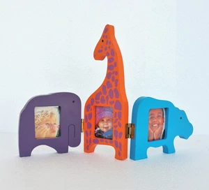 Vintage Photo Picture Frame Baby Child Wood Giraffe Hippo Elephant Holds 3 Pics - Picture 1 of 9