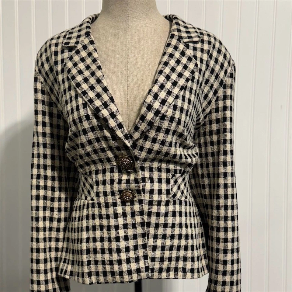 Blazer Vintage Carole Little Gingham Check Negro Blanco Peplum Chaqueta Talla 8 Seda Foto 1 de 4