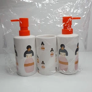 Japanese Doll Bathroom Set Soap Dispenser And Toothbrush Holder Geisha Girl NEW - Picture 1 of 12