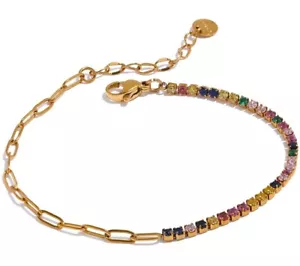 18k Yellow Gold Plated Stainless Steel Link Chain Cubic Zirconia Bracelet Women - Picture 1 of 11