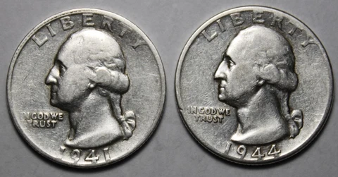 United States 1941-S & 1944-P Washington Silver Quarters Pair (J177) Cover