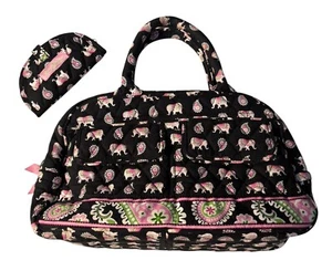 VERA BRADLEY 100% COTTON QUILTED BLACK/PINK ELEPHANT SATCHEL HANDBAG Coin Purse - Picture 1 of 7