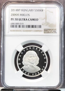 2014 HUNGARY SILVER 5000 FORINT ZRINYI MIKLOS NGC PF 70 ULTRA CAMEO RARE POP 1 - Picture 1 of 3