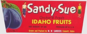 Original SANDY-SUE prune crate label Sanders Emmett Idaho 1950s dick jane kids - Picture 1 of 1