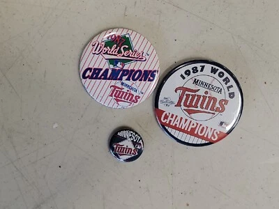 3 Minnesota Twins Button Pins 2 Are 1987 World Series Champions Vintage MLB - Image 1 of 4