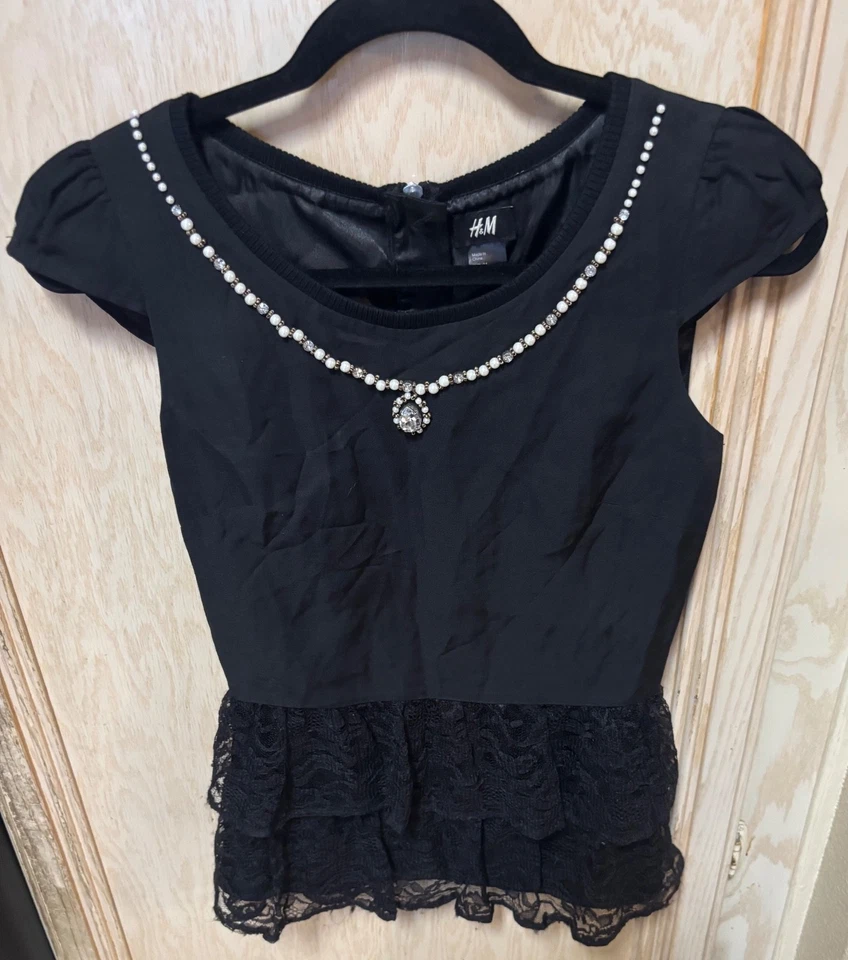 Blusa H&M Negra Peplum Top Estrás Cremallera Volantes Encaje Lino Algodón Talla 4 Foto 1 de 4