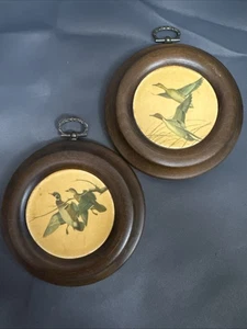 Vintage - Round Wooden Frame - (2) 4” Diameter - Pintail & Mallard Duck Prints - Picture 1 of 11